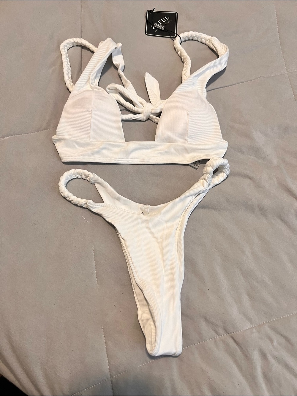Zaful White Ribbed Bikini Set with Braided Straps